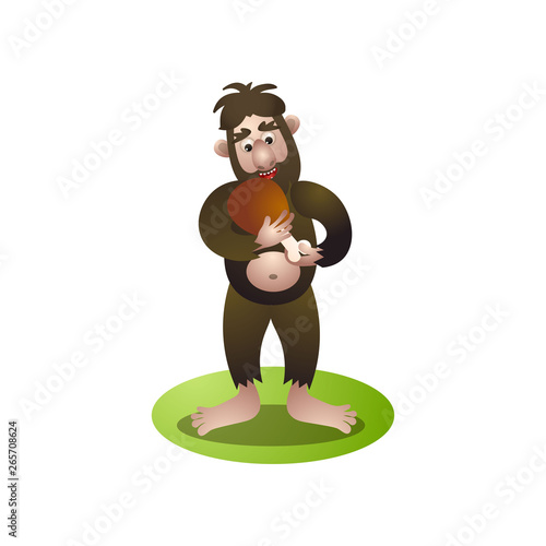 Cute bigfoot, yeti eating or care part of raw meat