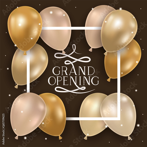 square frame with grand opening message and balloons helium
