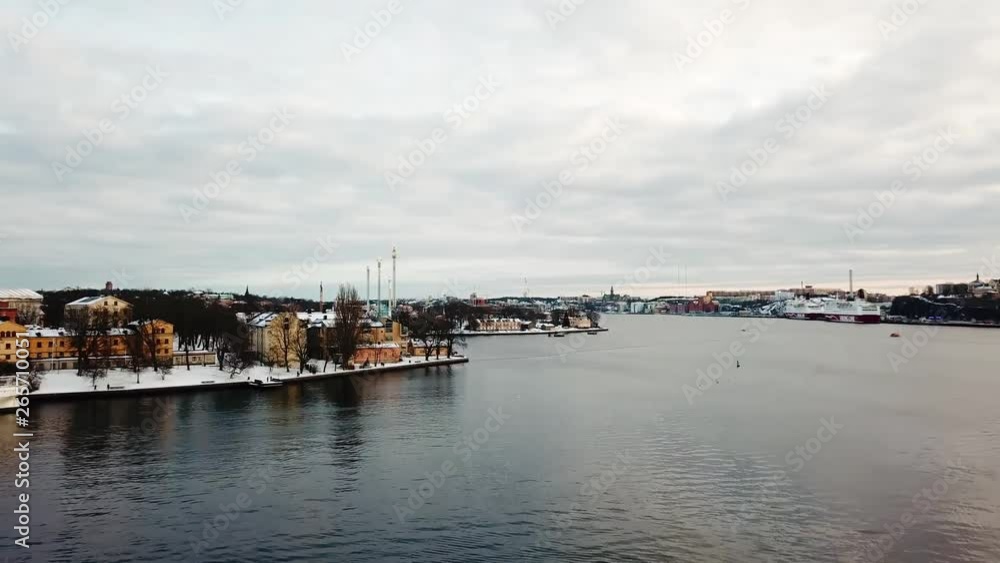Aerial Pedestal Shot of Stockholm's Harbour on a Winter's Day Aerial Pedestal Shot of Stockholm's Harbour on a Winter's Day