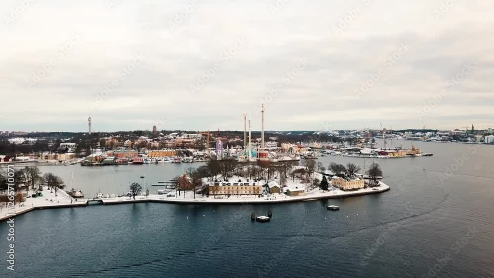 Aerial Dolly Shot of a Snowcapped Skeppsholemn Island in Stockholm Aerial Dolly Shot of a Snowcapped Skeppsholemn Island in Stockholm