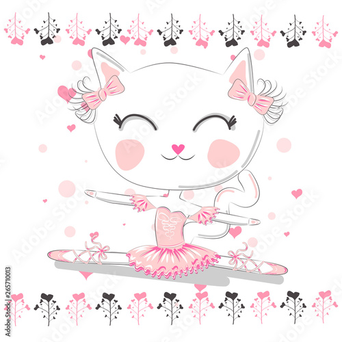 Hand drawn beautiful, lovely, little ballerina cat.