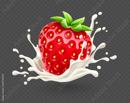 Yoghurt splash with ripe red strawberry berry fruit with green leaves, isolated on transparent grid background, dairy drink with spray and drops. Eps10 vector illustration.