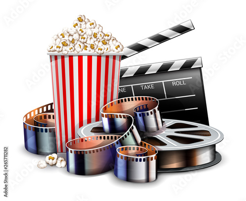 Online cinema art movie watching with popcorn, director clapper and reel film...