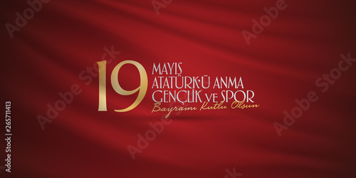 May 19 Commemoration of Ataturk, Youth and Sports Day. Billboard, Poster, Social Media, Greeting Card template. (Turkish: 19 Mayis Ataturk'u Anma, Genclik ve Spor Bayrami Kutlu Olsun.)
