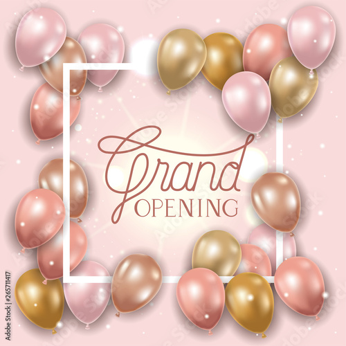 square frame with grand opening message and balloons helium