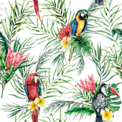 Handdoek met foto Papegaai patronen Aquarel toekan en papegaai protea  © yuliya_derbisheva