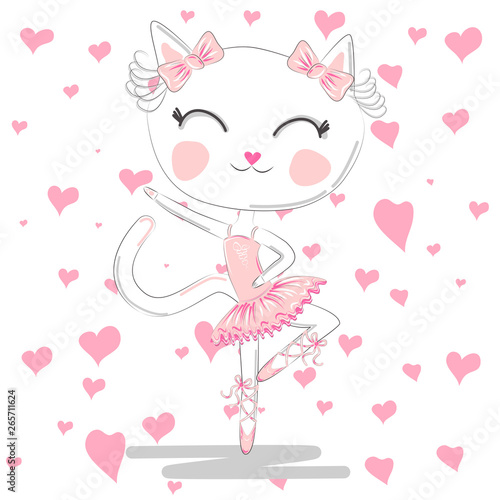 Cute ballerina cat dancing ballet in pink tutu