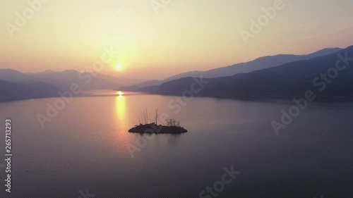 Panoramic view of the sunrise of the dumulmeori, Korea, yangpyeong, drone moving shot photo