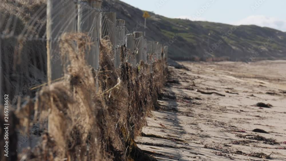 Coastal beach wire fence to help erosion of the dunes. Fence has rotten seaweed hanging from the wire which washed up during high tide. PAN RIGHT. Coastal beach wire fence to help erosion of the dunes. Fence has rotten seaweed hanging from the wire which washed up during high tide. PAN RIGHT.