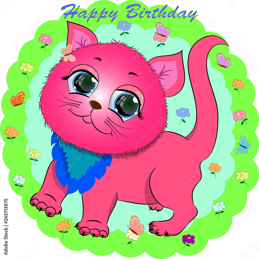 Fototapeta premium birthday greeting card with pink cat. cartoon vector illustration with kitty.