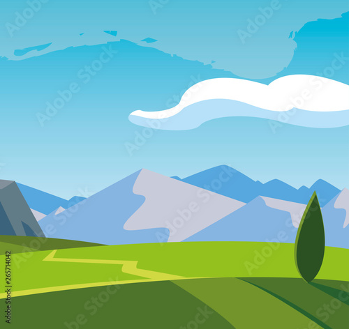 field camp and mountains landscape scene
