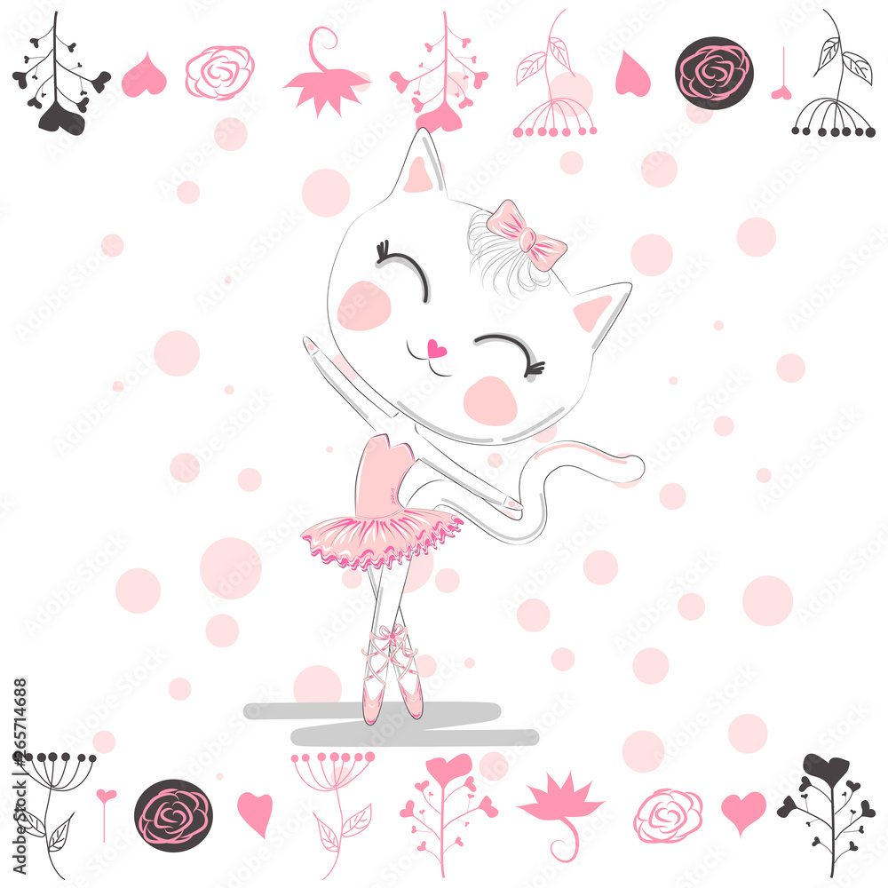 Hand drawn beautiful, lovely, little ballerina with cat. Hand drawn beautiful, lovely, little ballerina with cat.