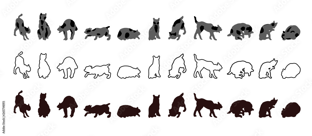 Fototapeta premium Collection of cats silhouettes in different positions and doing various actions, in black and white. In outline, with filling and spotted. Graphic resource for design, illustration, stencil, decor