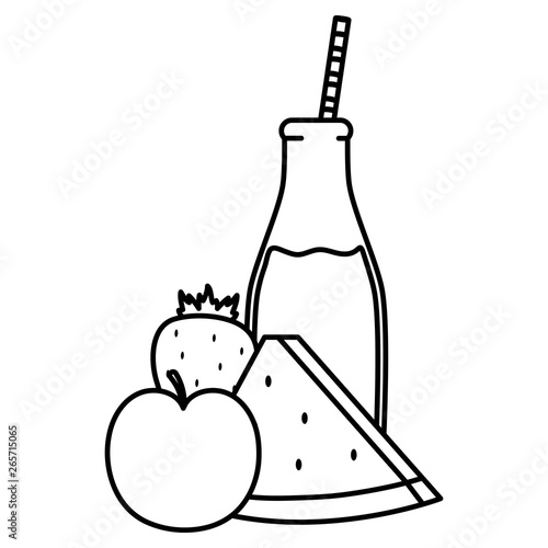 fresh watermelon and apple juice fruits in botttle with straw