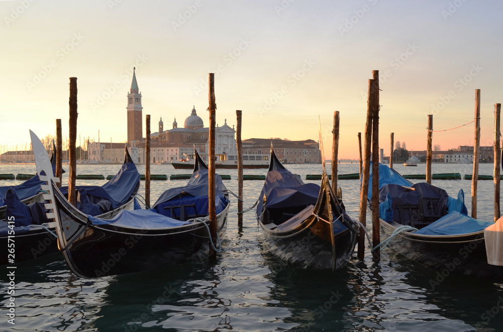 View of the gondola and lagoon in Venice in the early morning