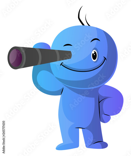 Blue cartoon caracter with his monocular illustration vector on white background