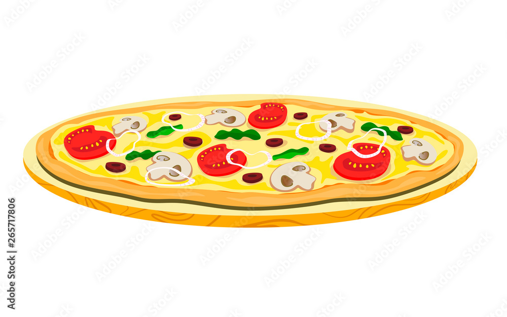 Fototapeta Vegetarian pizza with mushrooms and beans on a wooden tray. Vector illustration of a flat style.
