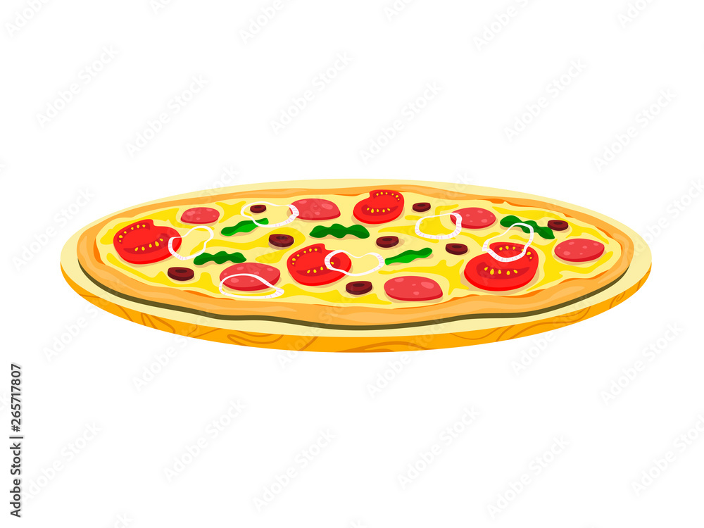 Fototapeta Pizza with sausages, olives and beans. Vector isolate on white background