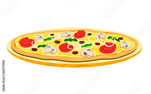 Vegetarian pizza with mushrooms and beans on a wooden tray. Vector illustration of a flat style.
