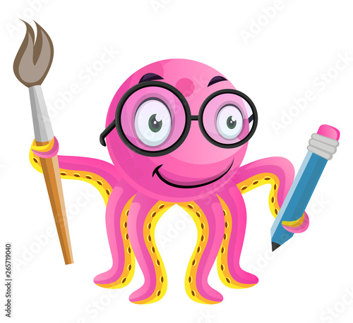 Artistic octopus with pencil and brush in hand illustration vector on white background