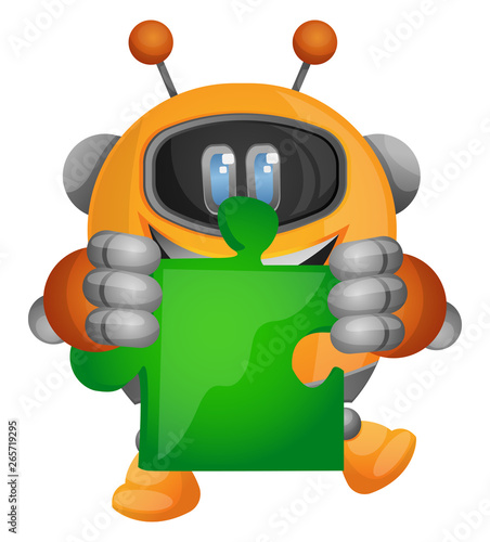 Cartoon robot holding a piece of the jigsaw puzzle illustration vector on white background