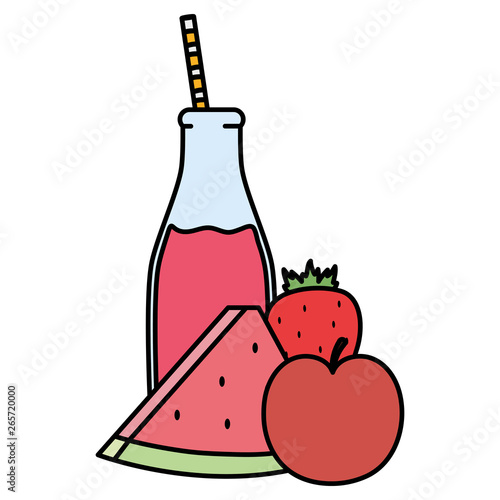 fresh watermelon and apple juice fruits in botttle with straw