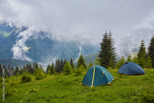 Camping and tents in the forest in the mountains © Ryzhkov Oleksandr