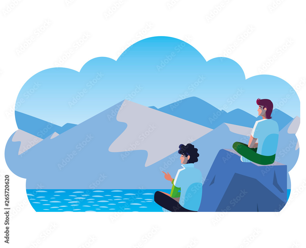 men couple contemplating horizon in lake and mountains scene