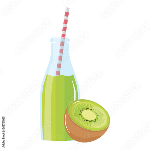 fresh juice kiwi fruit in botttle with straw