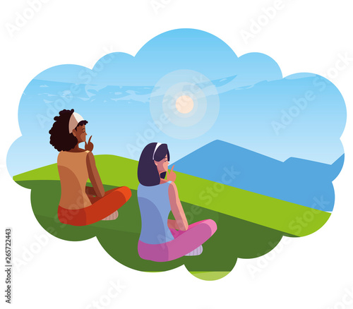 women couple contemplating the horizon in the field scene