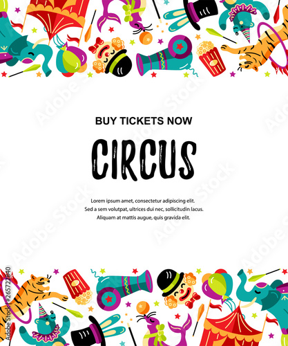 Circus. Vector illustration with animals, clowns and magicians. Template for circus show, party invitation, poster, kids birthday. Flat style.
