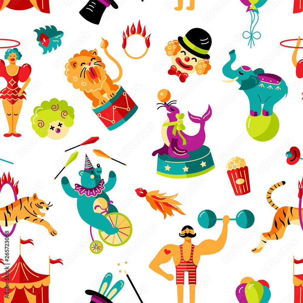 Fototapeta premium Seamless pattern with circus tent, animals, clowns, celebratory objects. Circus concept. Flat style vector illustration.