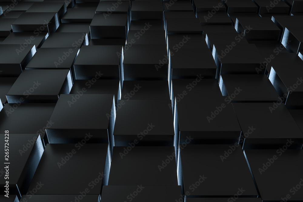 Fototapeta premium 3d rendering, dark background, cube bricks with light effect. Computer digital background.