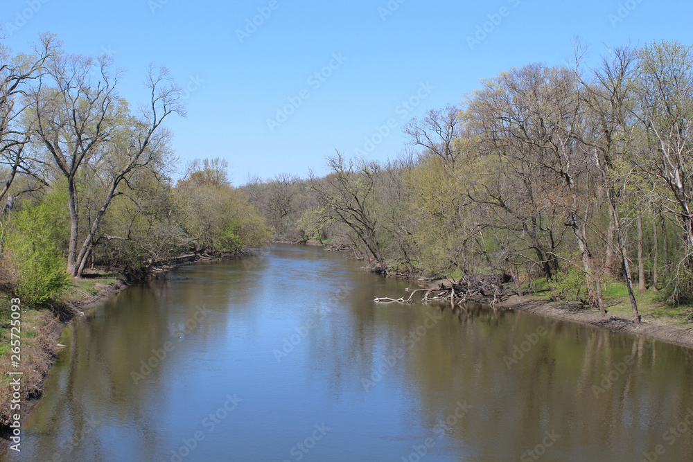 Des Plaines River at Campground Road Woods Forest Preserve in early spring in Des Plaines, Illinois Des Plaines River at Campground Road Woods Forest Preserve in early spring in Des Plaines, Illinois