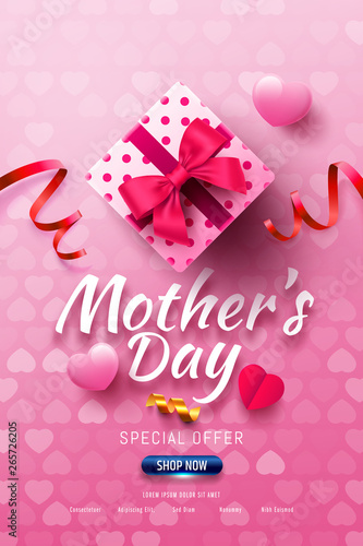 Happy Mother's Day Sale Poster or banner with gift box and sweet heart.Happy Mother's Day.Trendy Design Template for Mother's Day and love concept.Vector illustration EPS10