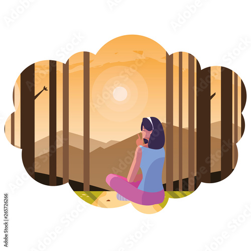 woman contemplating horizon in the forest scene