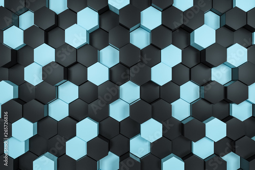 3d rendering, black and cyan hexagon cubes.