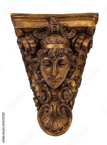 Wall corbel shelf gold carved face with clipping path.