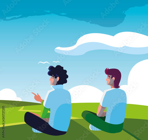 men contemplating the horizon in the field scene