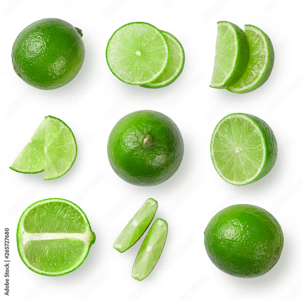 Lime and slices isolated on white background. Top view.