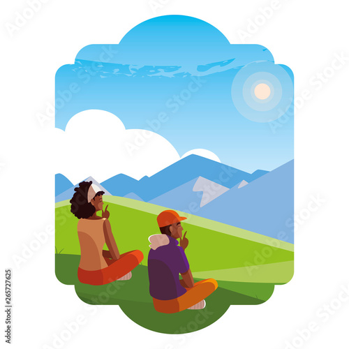 afro couple contemplating the horizon in the field scene