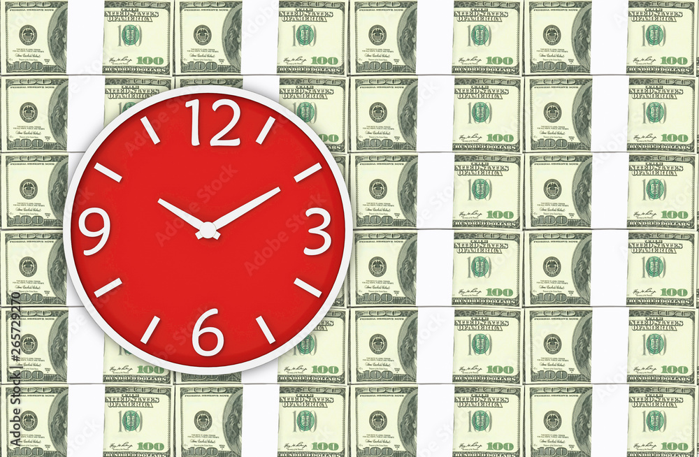 3d rendering. A red victory clock on US 100 dollar stacks background. business time is money or comparison concept. 3d rendering. A red victory clock on US 100 dollar stacks background. business time is money or comparison concept.