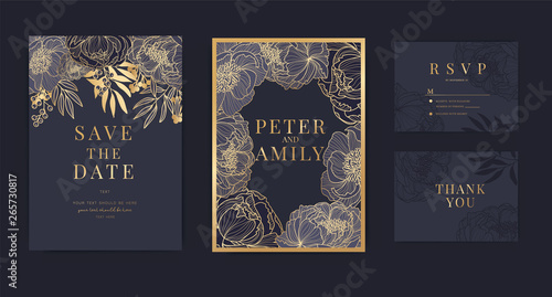 Navy Wedding Invitation, floral invite thank you, rsvp modern card Design in Golden peony  with leaf greenery  branches decorative Vector elegant rustic template