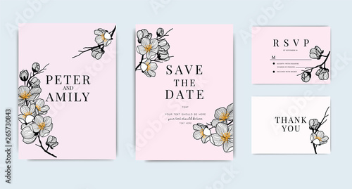 Wedding Invitation, floral invite thank you, rsvp modern card Design in cherry blossom branches decorative Vector elegant rustic template