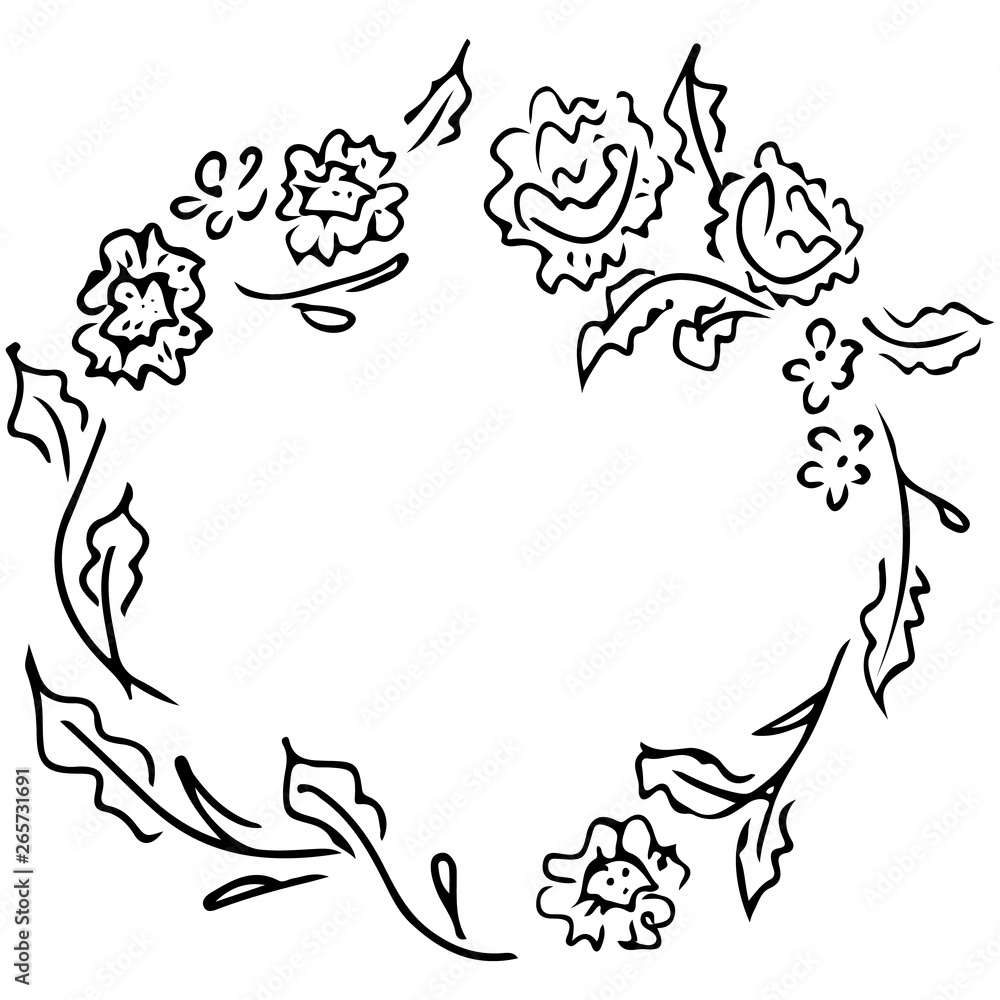 Wreath of black roses or peonies flowers and branches isolated of white. Foral frame design elements for invitations, greeting cards, posters, blogs. Hand drawn illustration. Line art. Sketch Wreath of black roses or peonies flowers and branches isolated of white. Foral frame design elements for invitations, greeting cards, posters, blogs. Hand drawn illustration. Line art. Sketch