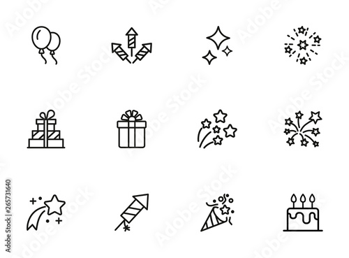 Happy birthday icon set. Line icons collection on white background. Firework, firecracker, gift. Celebration concept. Can be used for topics like holiday, party, surprise