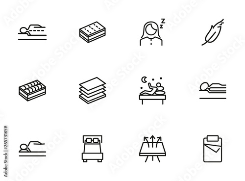 Mattress icon set. Line icons collection on white background. Customer, bed, comfort. Orthopedic furniture concept. Can be used for topics like bedroom, sleep, guarantee
