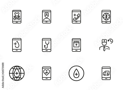 Online med aid icon set. Line icons collection on white background. Smartphone, doctor, gadget. Telemedicine concept. Can be used for topics like interface, healthcare service, medicine