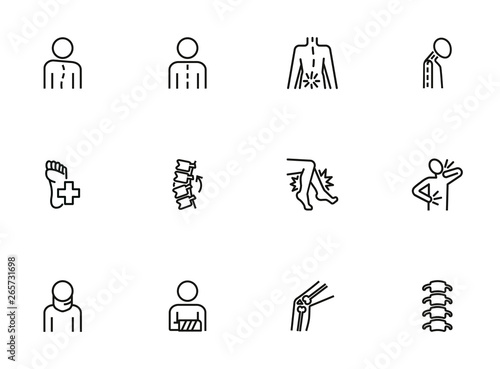 Orthopedics icon set. Line icons collection on white background. Spine, bone, fracture. Medicine concept. Can be used for topics like healthcare, diagnosis, osteoporosis