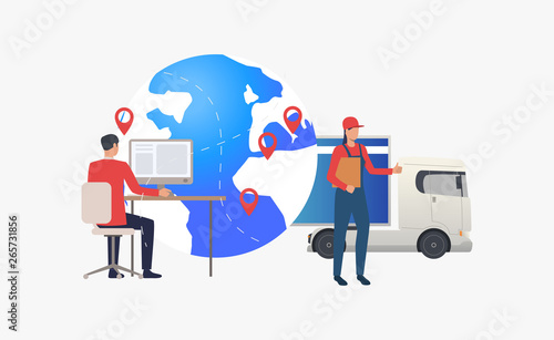 Earth globe with pointers, truck and logistics expert. Transportation, vehicle, freight concept. Vector illustration can be used for topics like business, logistics, international delivery